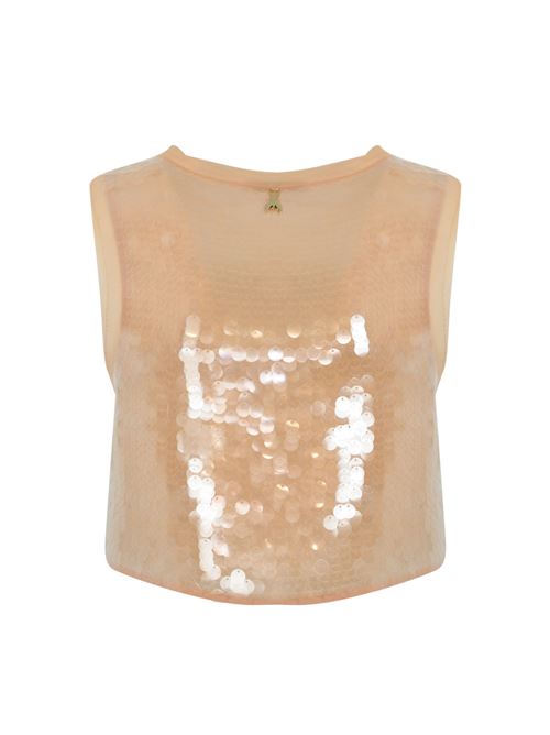 Maglia con paillettes in tulle crema gold Patrizia Pepe | 8C0713 A455B396